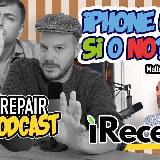 Grafica promozionale del podcast "DGTALE Repair News" con il titolo "La Filiera degli iPhone Usati" in caratteri luminosi. A destra, Matteo Lombardi, ospite della puntata e rappresentante dell'azienda iRecell